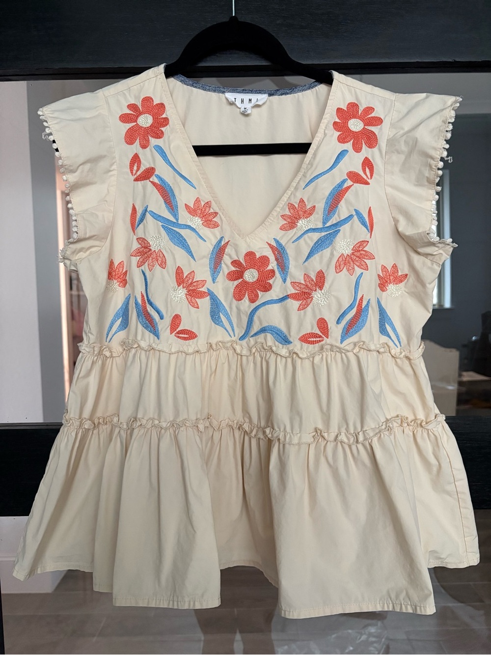 THML Embroidered Floral Peplum Top Cream Cottagecore Boho - M
